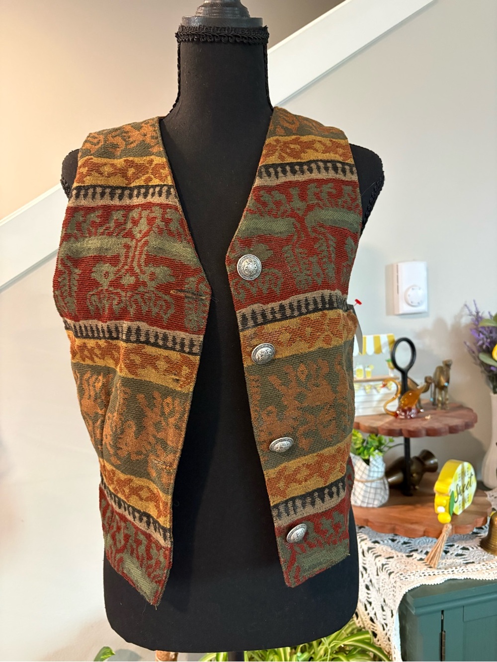 Studio West Multicolor Woven Vest - Rust, Olive, Gold, Black